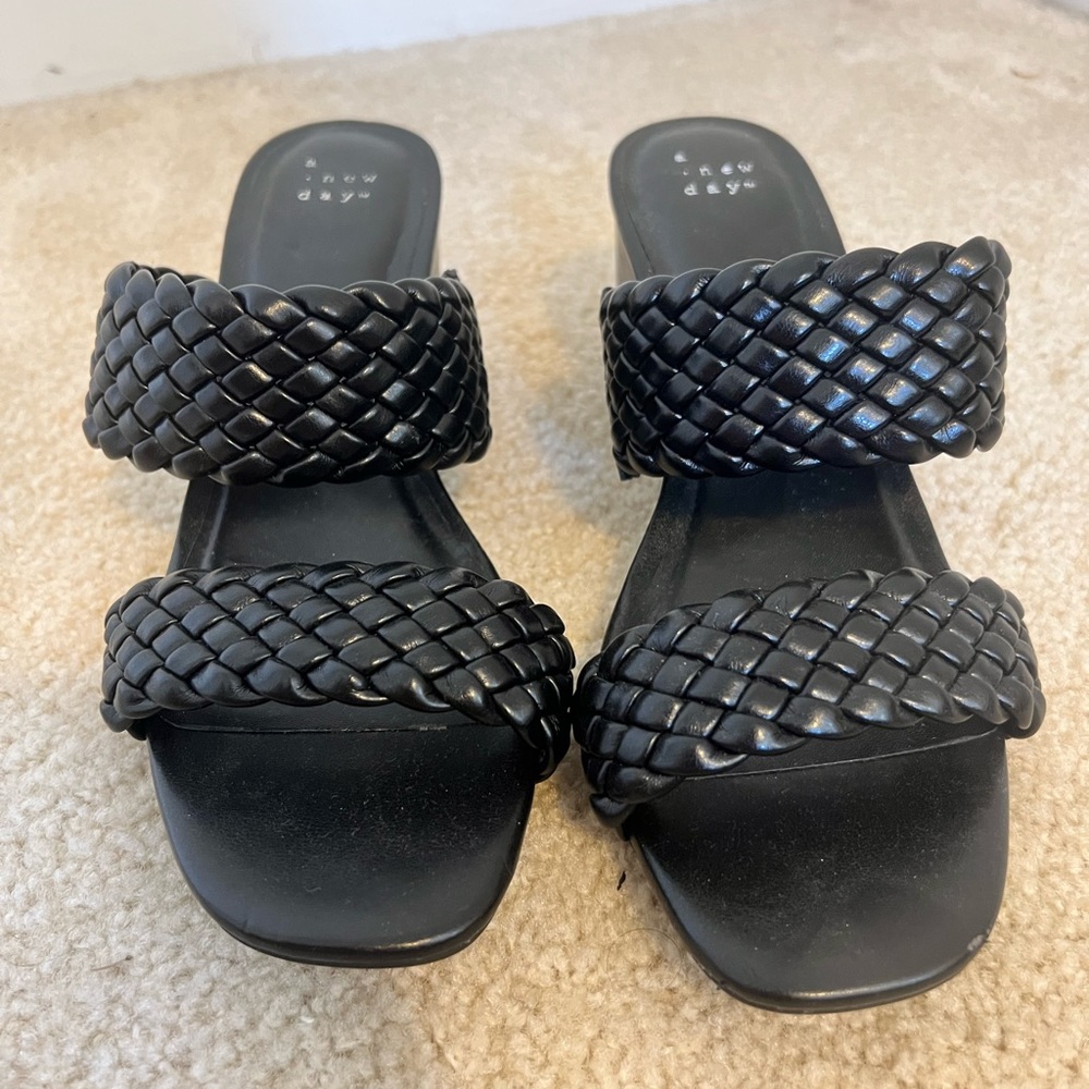 Black Braided Strap 2” Thick Heel Sandals